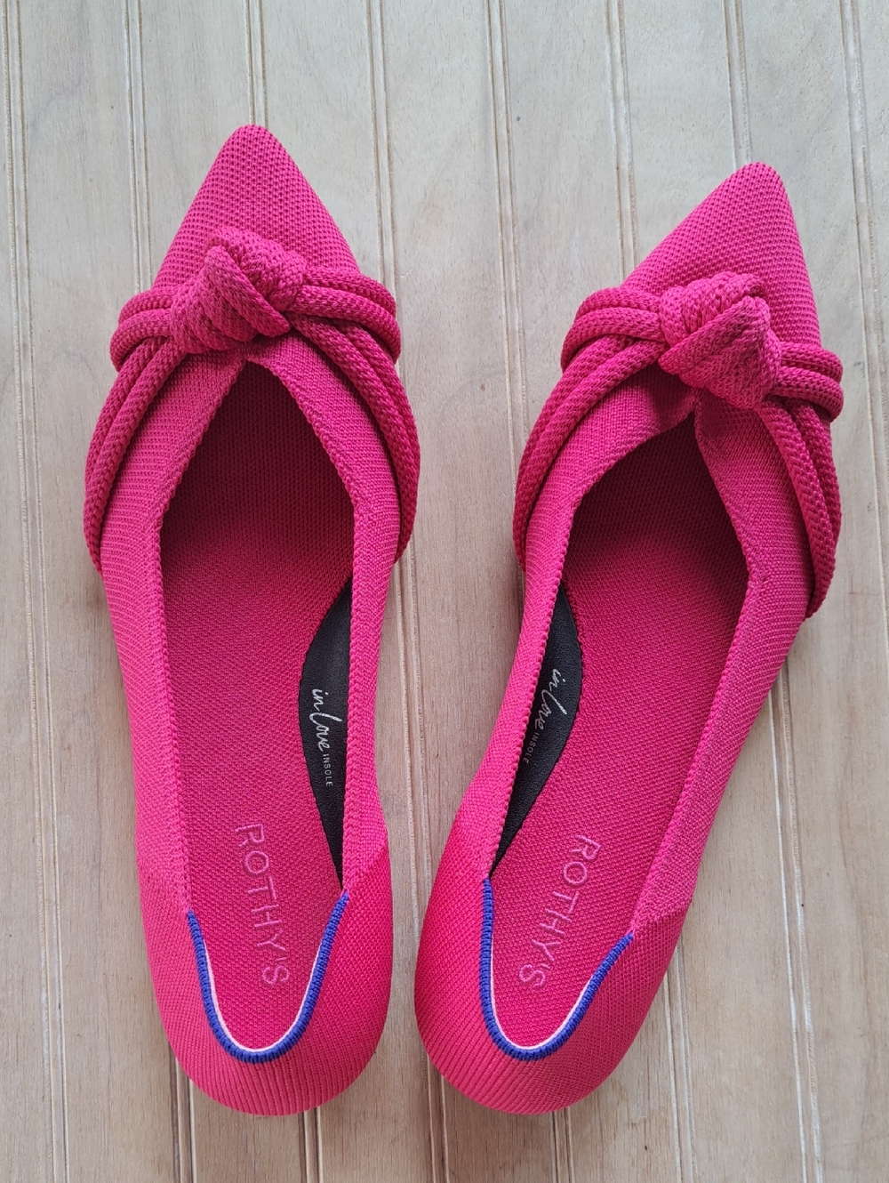Rothy’s The Point II In Love Hot Pink Knot Bow Pointed Toe Flats Stylish Knit